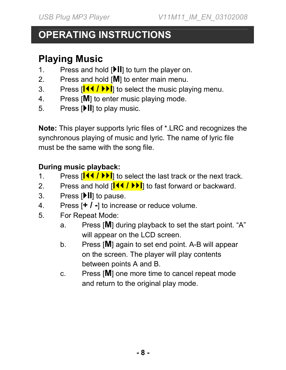 Operating instructions, Playing music | Jwin JX-MP102 User Manual | Page 9 / 14