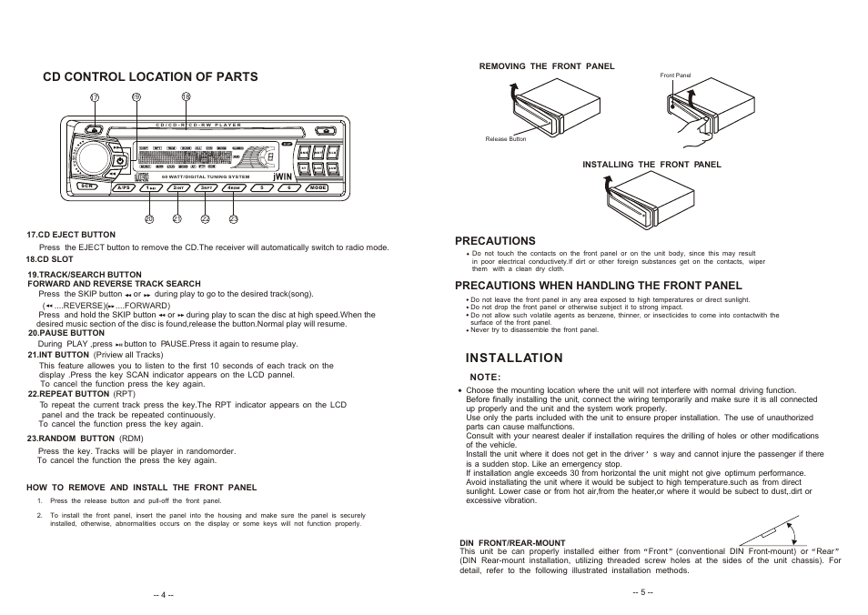 Т³гж 3, Cd control location of parts, Installation | Jwin JC-CD160 User Manual | Page 3 / 4