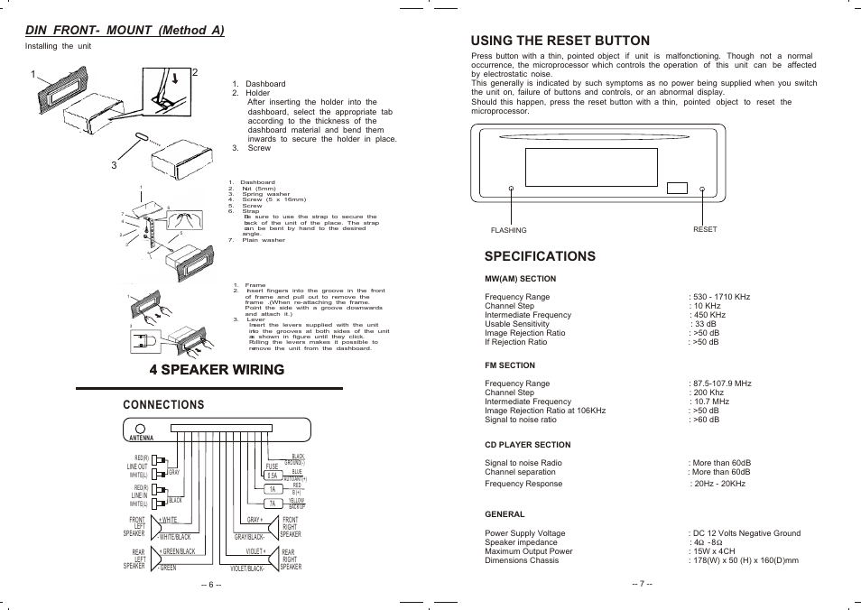 Т³гж 4, 4 speaker wiring, Using the reset button | Specifications, Connections, Din front- mount (method a) | Jwin JC-CD160 User Manual | Page 4 / 4