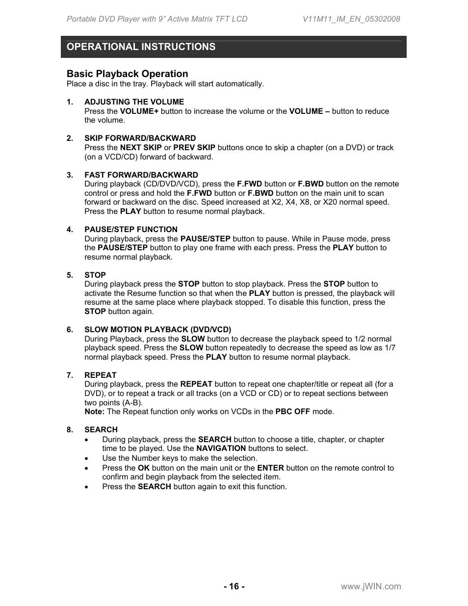 Operational instructions, Basic playback operation | Jwin JD-VD762 User Manual | Page 18 / 24