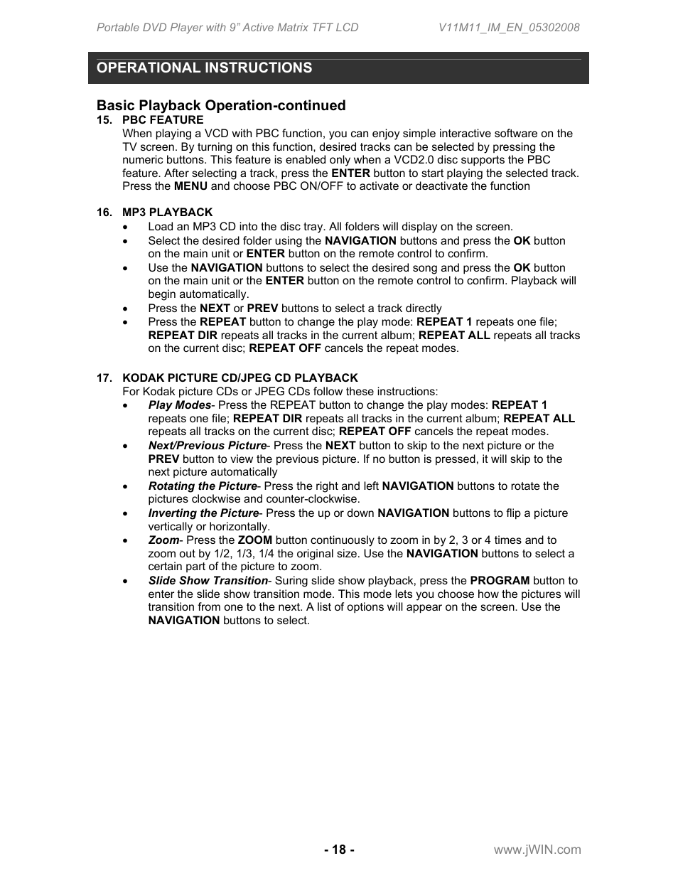 Operational instructions, Basic playback operation-continued | Jwin JD-VD762 User Manual | Page 20 / 24