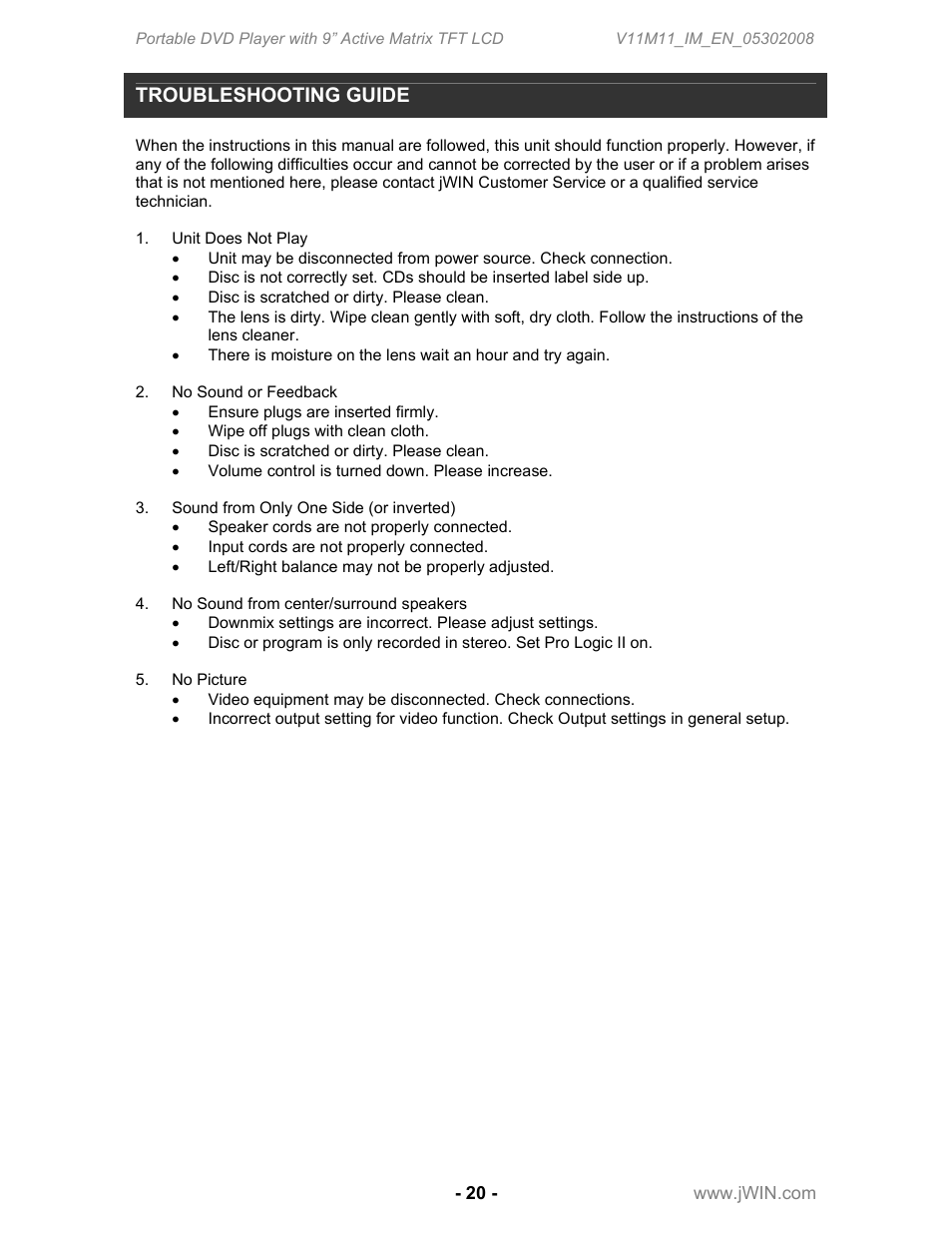 Troubleshooting guide | Jwin JD-VD762 User Manual | Page 22 / 24