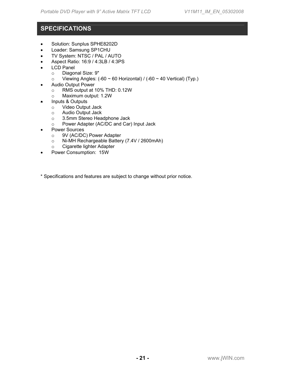 Specifications | Jwin JD-VD762 User Manual | Page 23 / 24