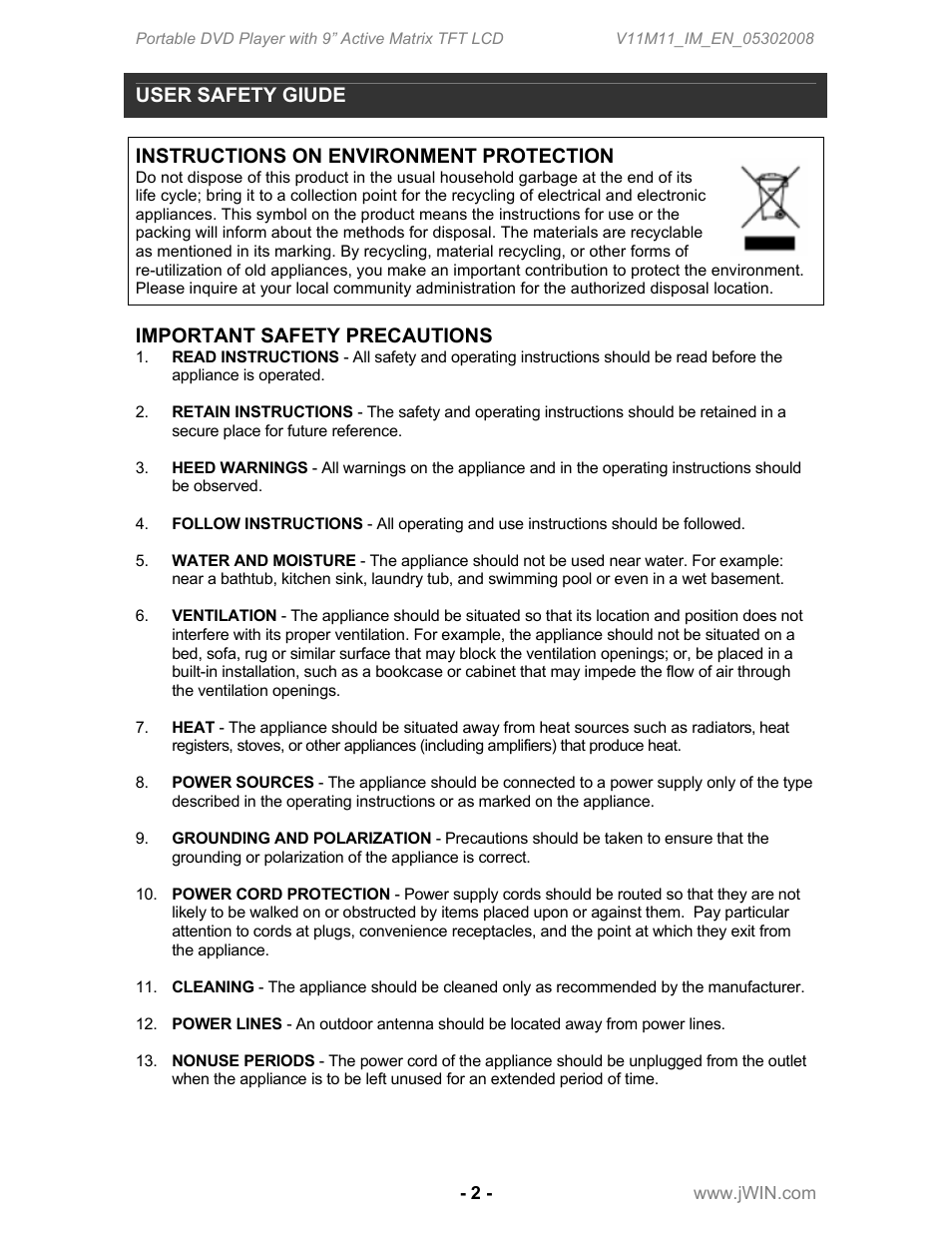 User safety giude, Instructions on environment protection, Important safety precautions | Jwin JD-VD762 User Manual | Page 4 / 24