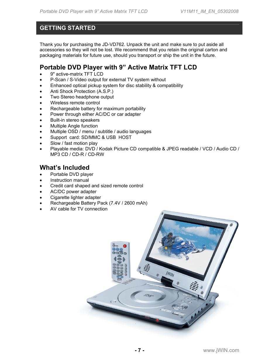 Portable dvd player with 9” active matrix tft lcd, What’s included, Getting started | Jwin JD-VD762 User Manual | Page 9 / 24