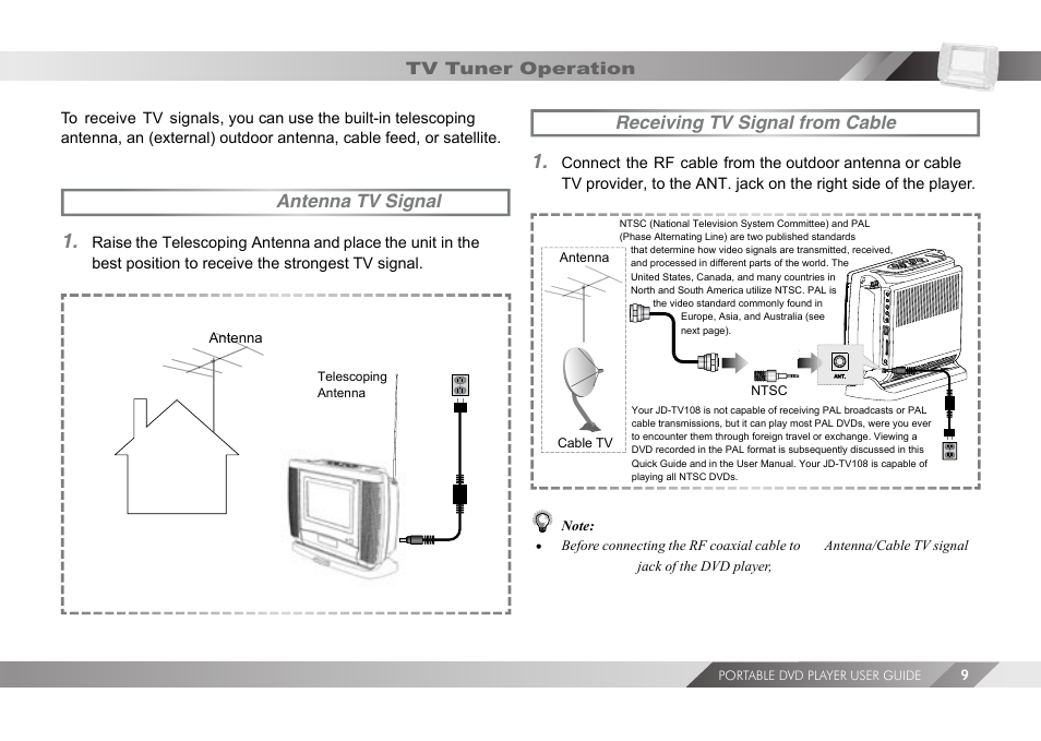 Telescoping antenna tv signal, Receiving tv signal from cable | Jwin JD TV108 User Manual | Page 9 / 12