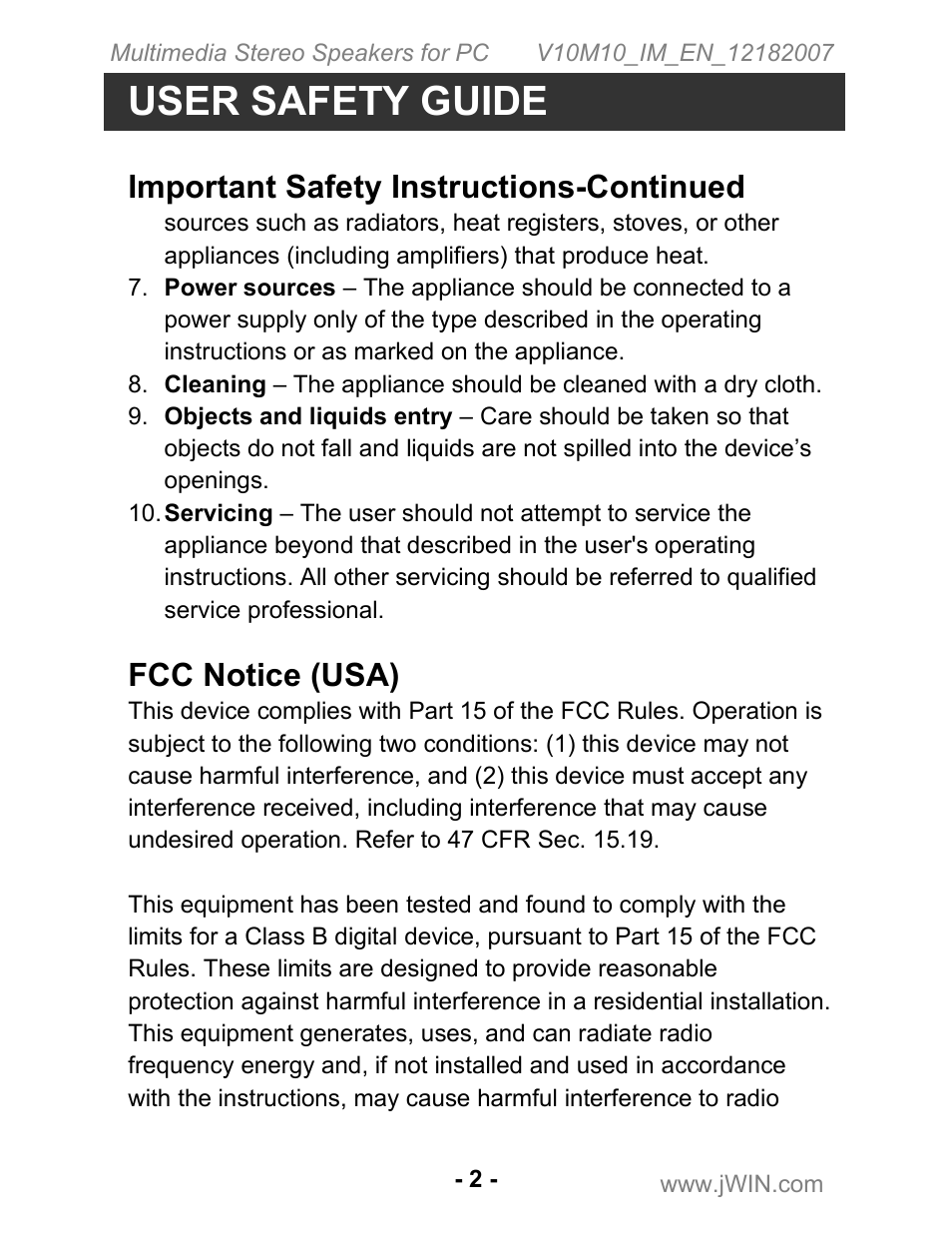 User safety guide, Important safety instructions-continued, Fcc notice (usa) | Jwin JS-P200 User Manual | Page 3 / 11