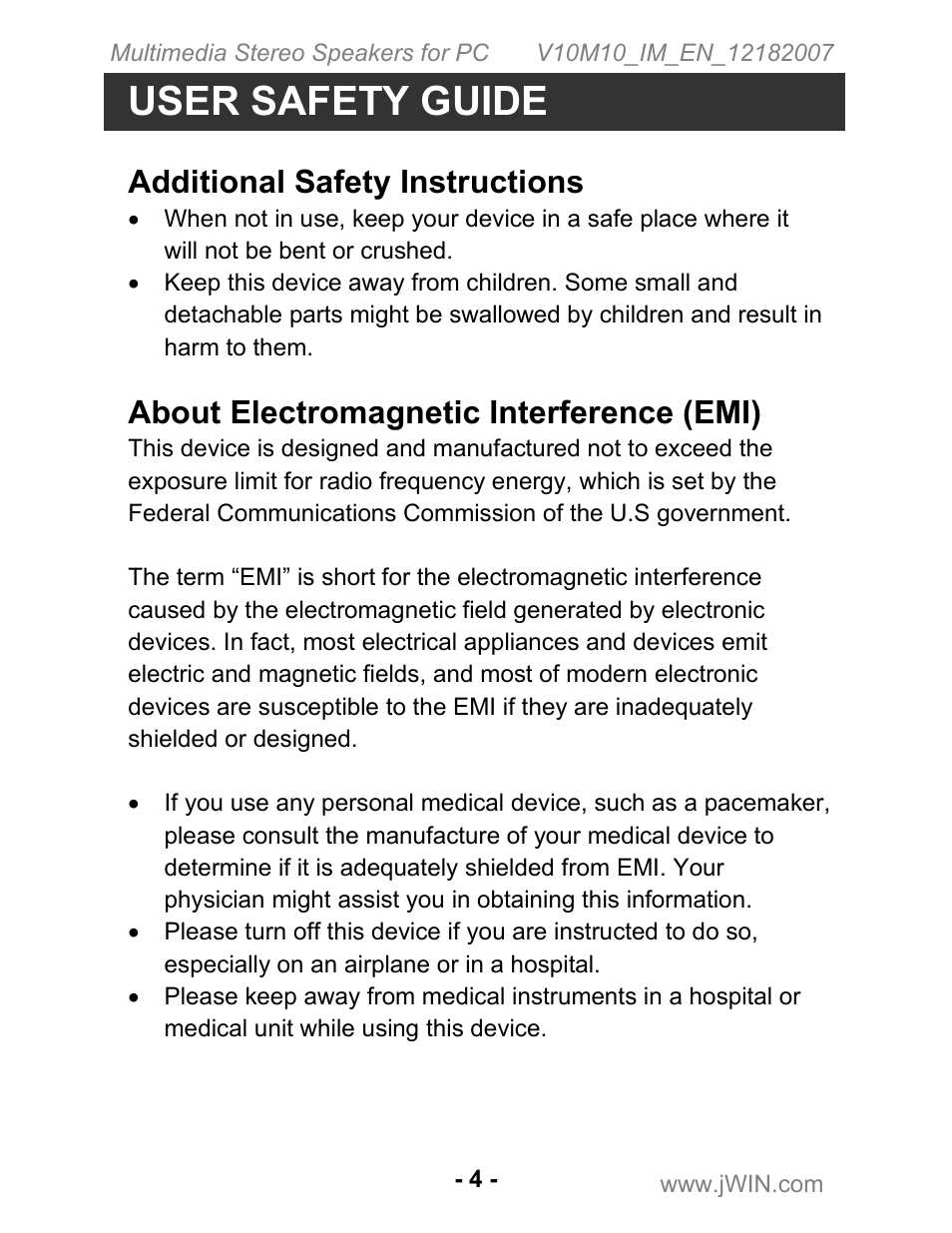 User safety guide, Additional safety instructions, About electromagnetic interference (emi) | Jwin JS-P200 User Manual | Page 5 / 11