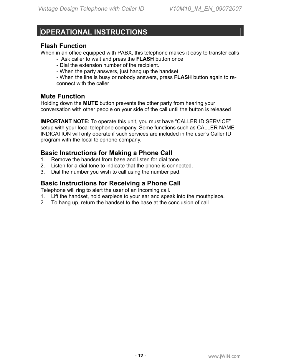 Operational instructions, Flash function, Mute function | Basic instructions for making a phone call, Basic instructions for receiving a phone call | Jwin JT-P430 User Manual | Page 13 / 16
