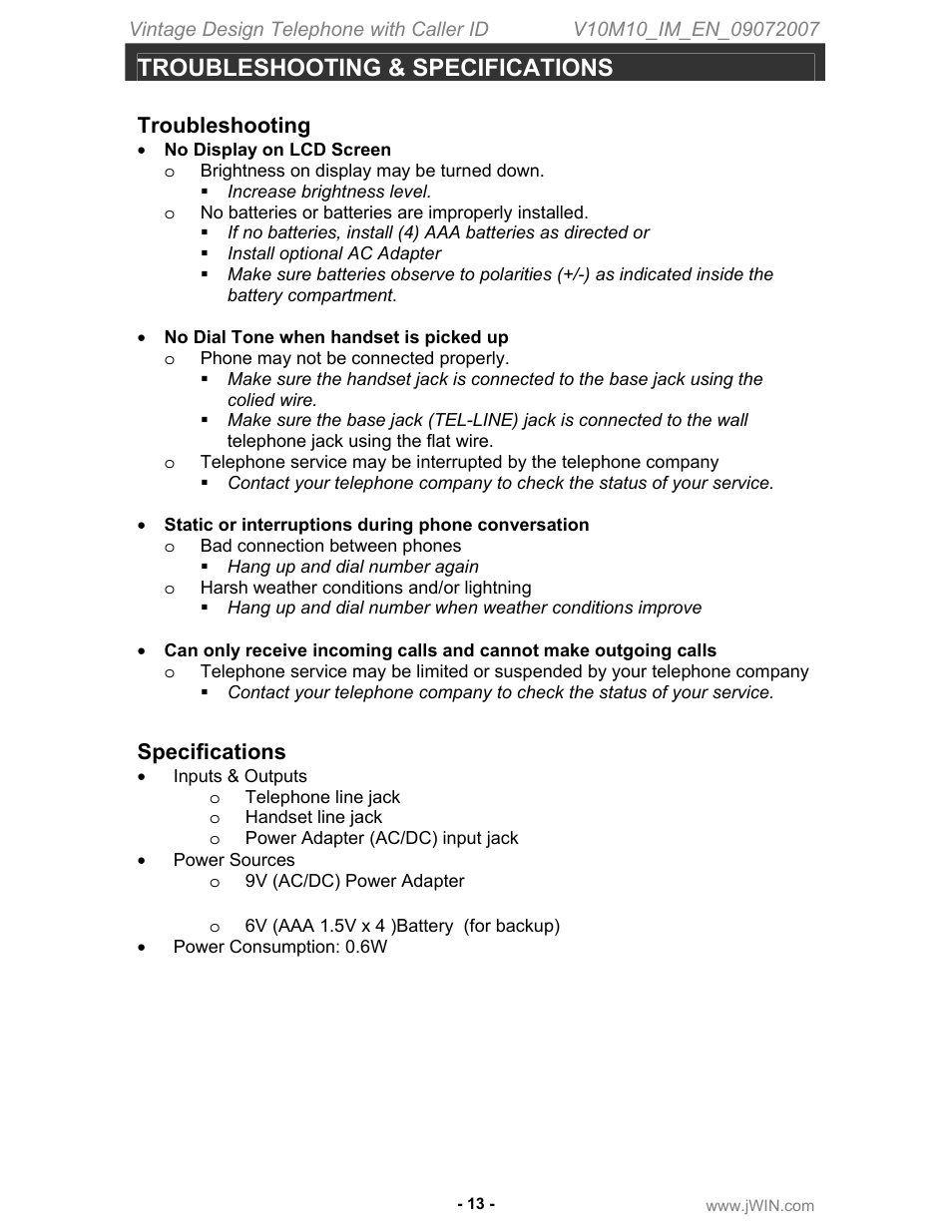 Troubleshooting & specifications, Troubleshooting, Specifications | Jwin JT-P430 User Manual | Page 14 / 16