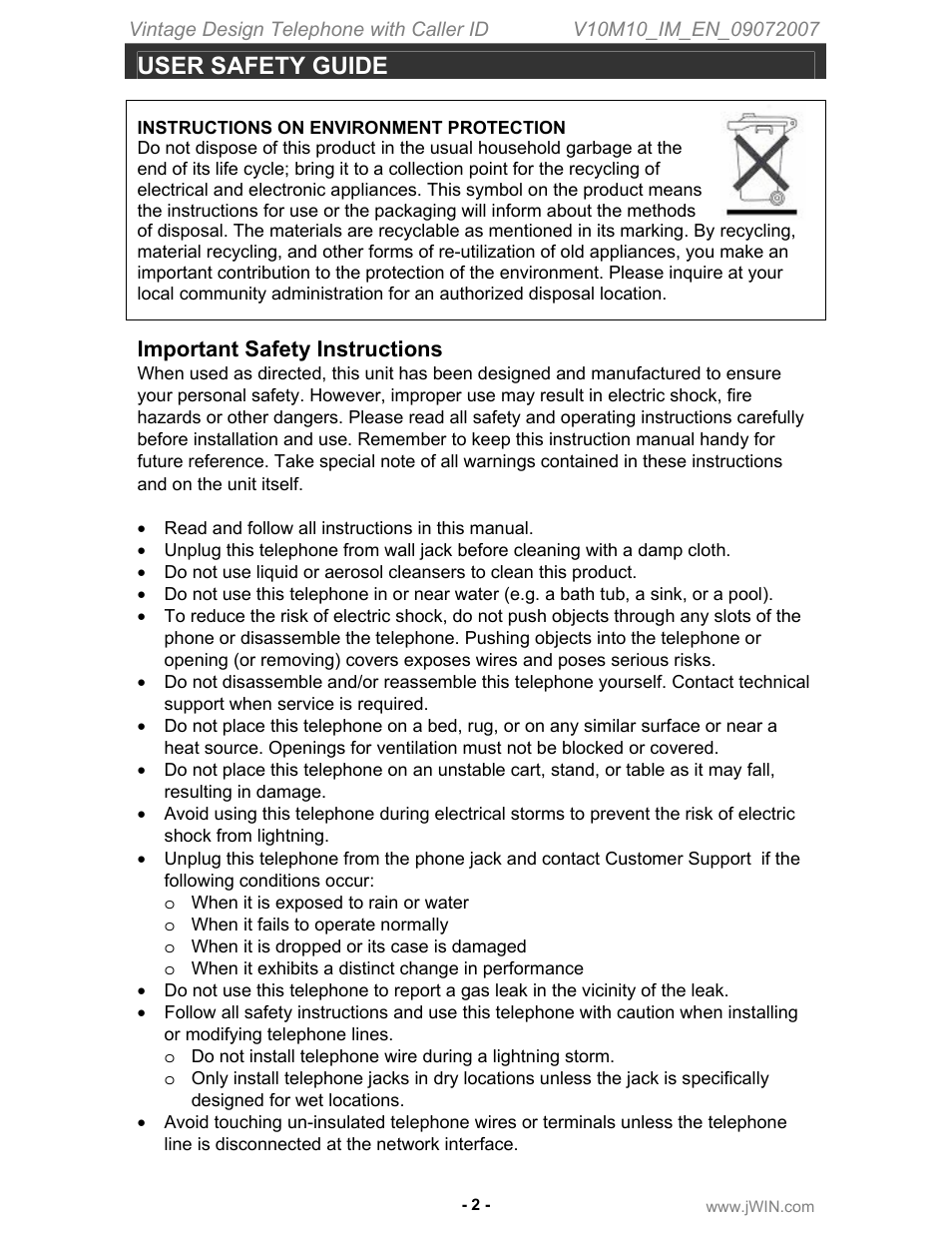 User safety guide, Important safety instructions | Jwin JT-P430 User Manual | Page 3 / 16