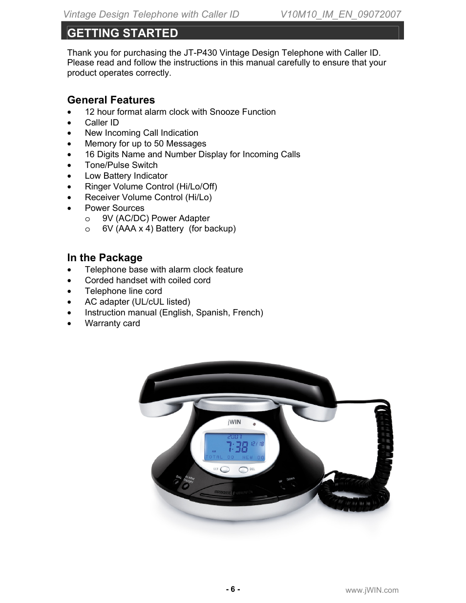 Getting started, General features | Jwin JT-P430 User Manual | Page 7 / 16