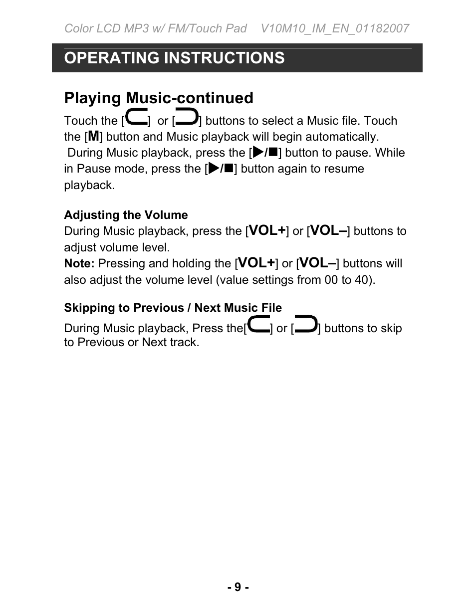 Operating instructions, Playing music-continued | Jwin JX-MP231 User Manual | Page 10 / 31