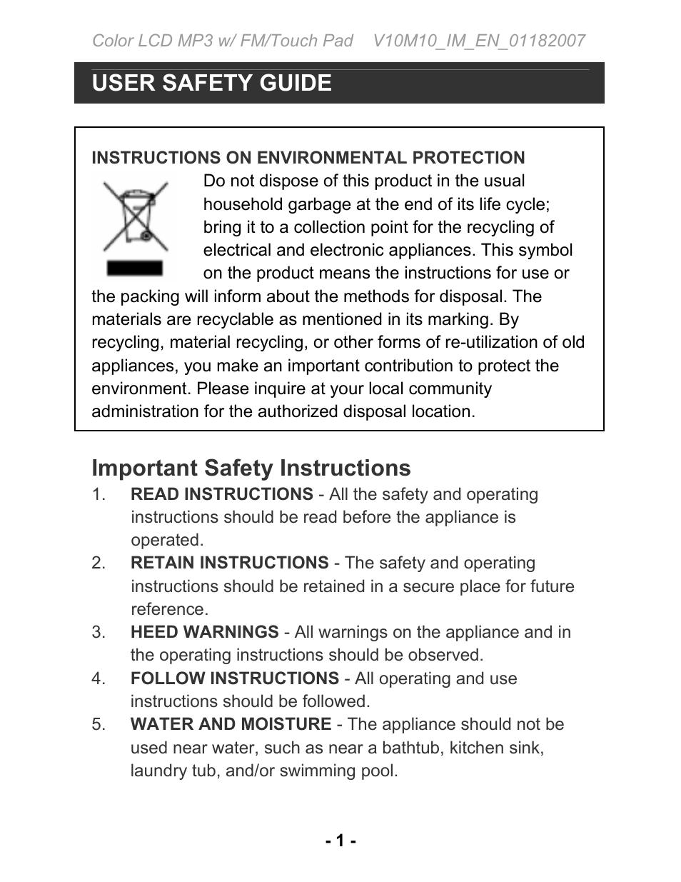 User safety guide, Important safety instructions | Jwin JX-MP231 User Manual | Page 2 / 31