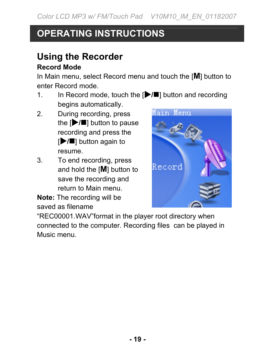 Operating instructions, Using the recorder | Jwin JX-MP231 User Manual | Page 20 / 31