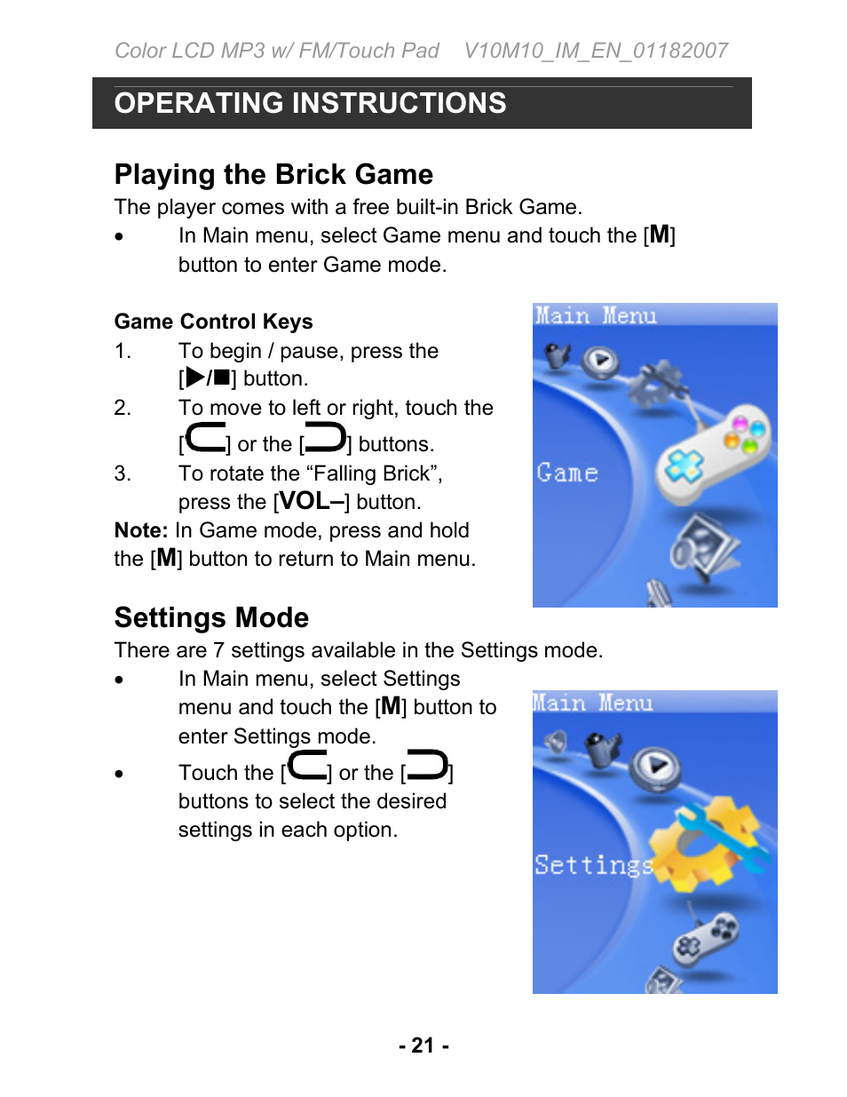 Operating instructions, Playing the brick game, Settings mode | Jwin JX-MP231 User Manual | Page 22 / 31