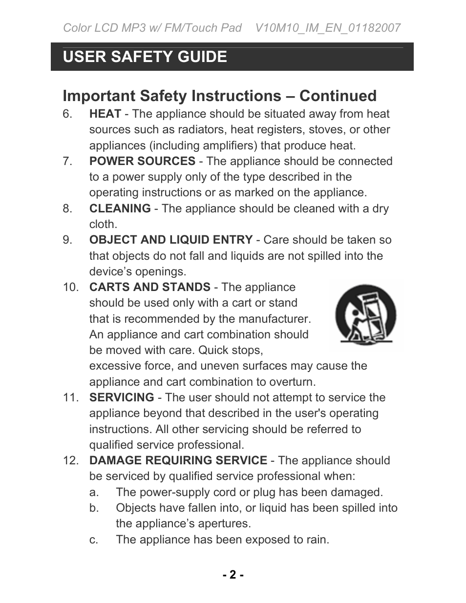 User safety guide, Important safety instructions – continued | Jwin JX-MP231 User Manual | Page 3 / 31