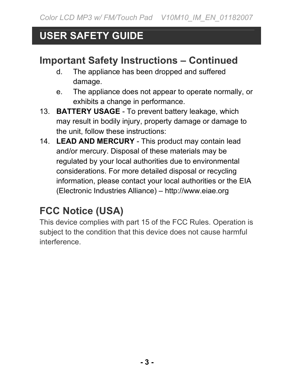 User safety guide, Important safety instructions – continued, Fcc notice (usa) | Jwin JX-MP231 User Manual | Page 4 / 31