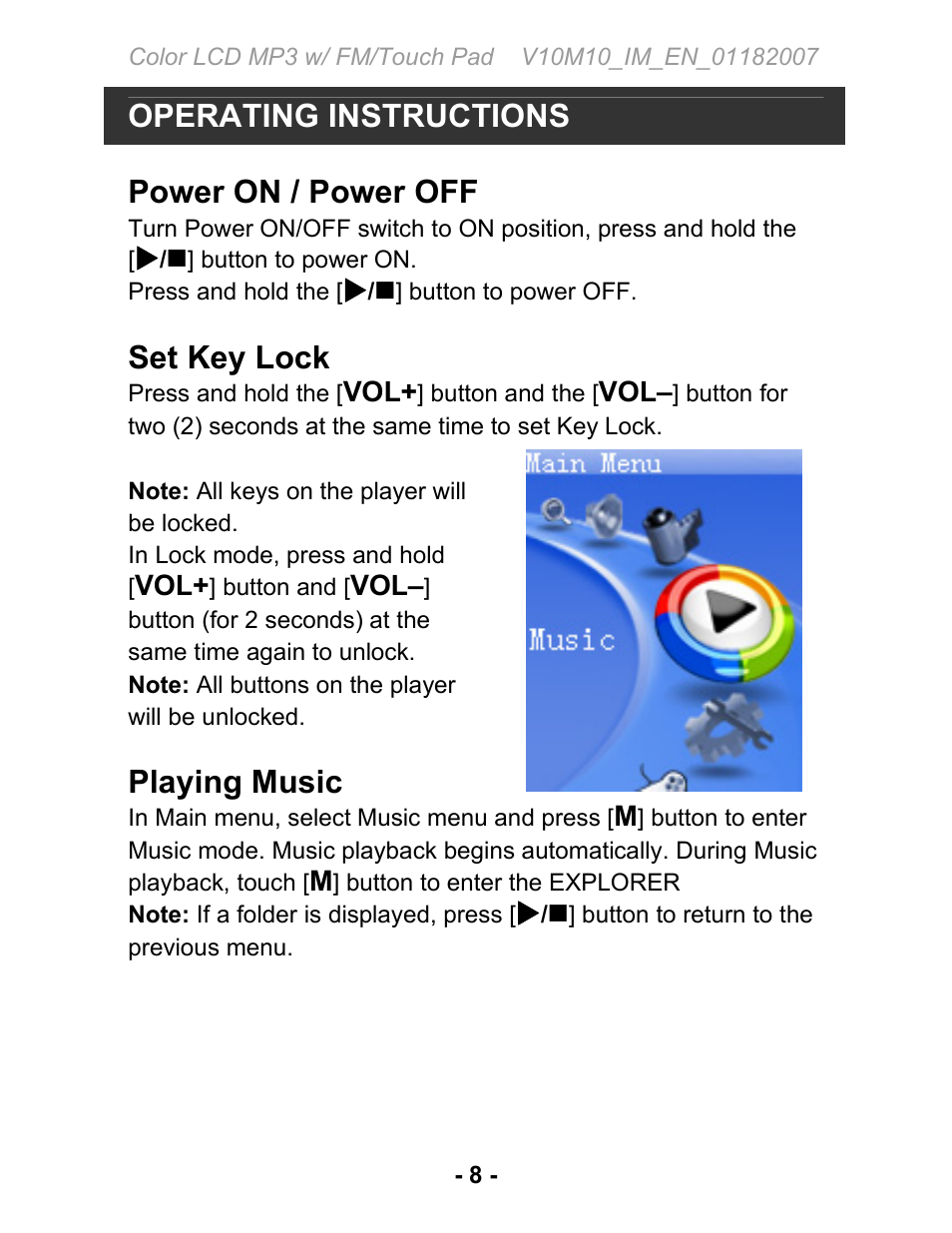 Operating instructions, Power on / power off, Set key lock | Playing music | Jwin JX-MP231 User Manual | Page 9 / 31