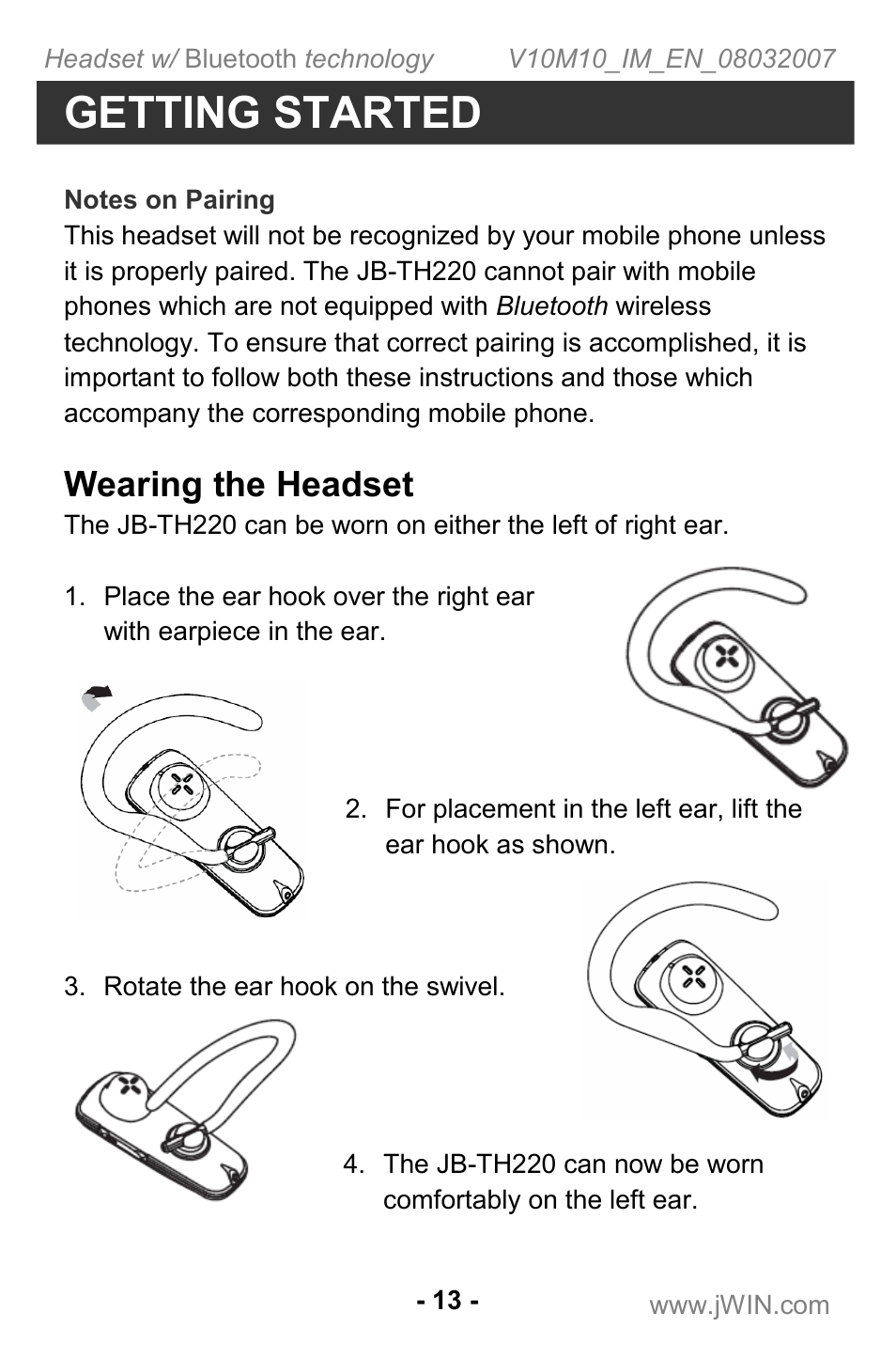 Getting started, Wearing the headset | Jwin JB TH220 User Manual | Page 14 / 20