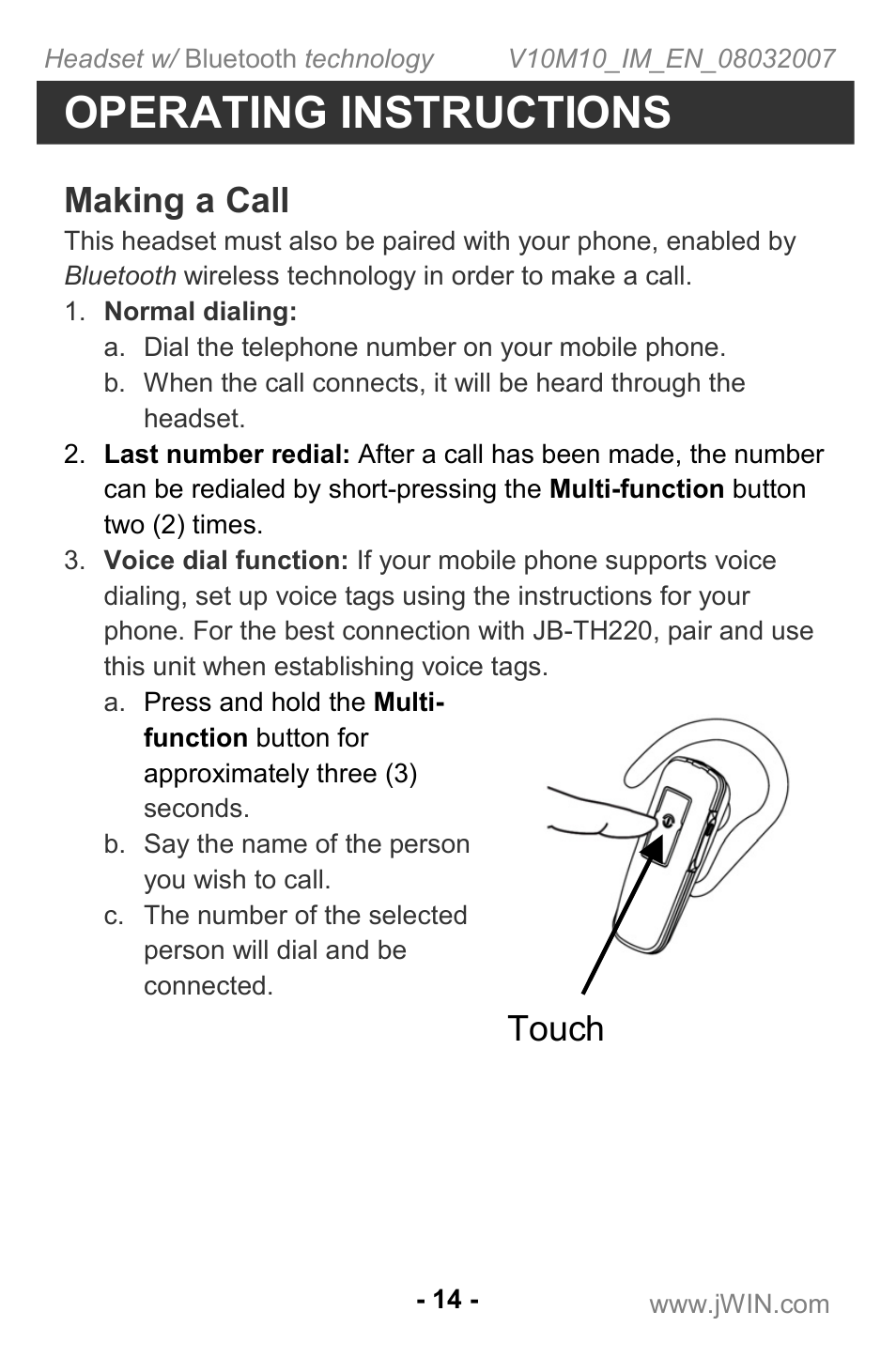 Operating instructions, Touch, Making a call | Jwin JB TH220 User Manual | Page 15 / 20