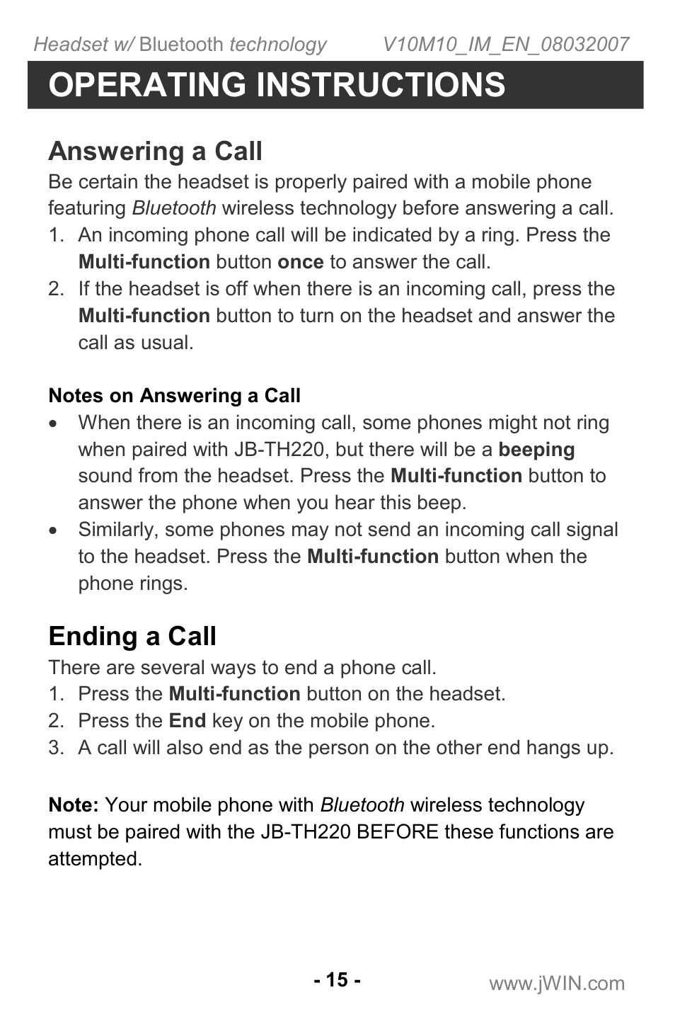 Operating instructions, Answering a call, Ending a call | Jwin JB TH220 User Manual | Page 16 / 20