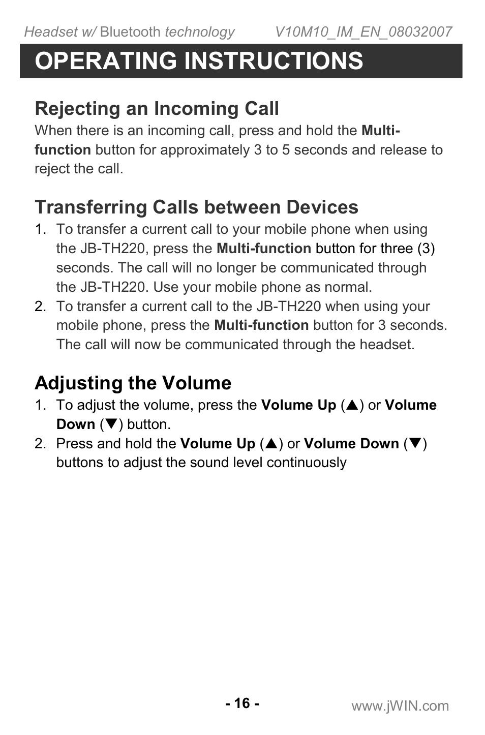 Operating instructions, Rejecting an incoming call, Transferring calls between devices | Adjusting the volume | Jwin JB TH220 User Manual | Page 17 / 20