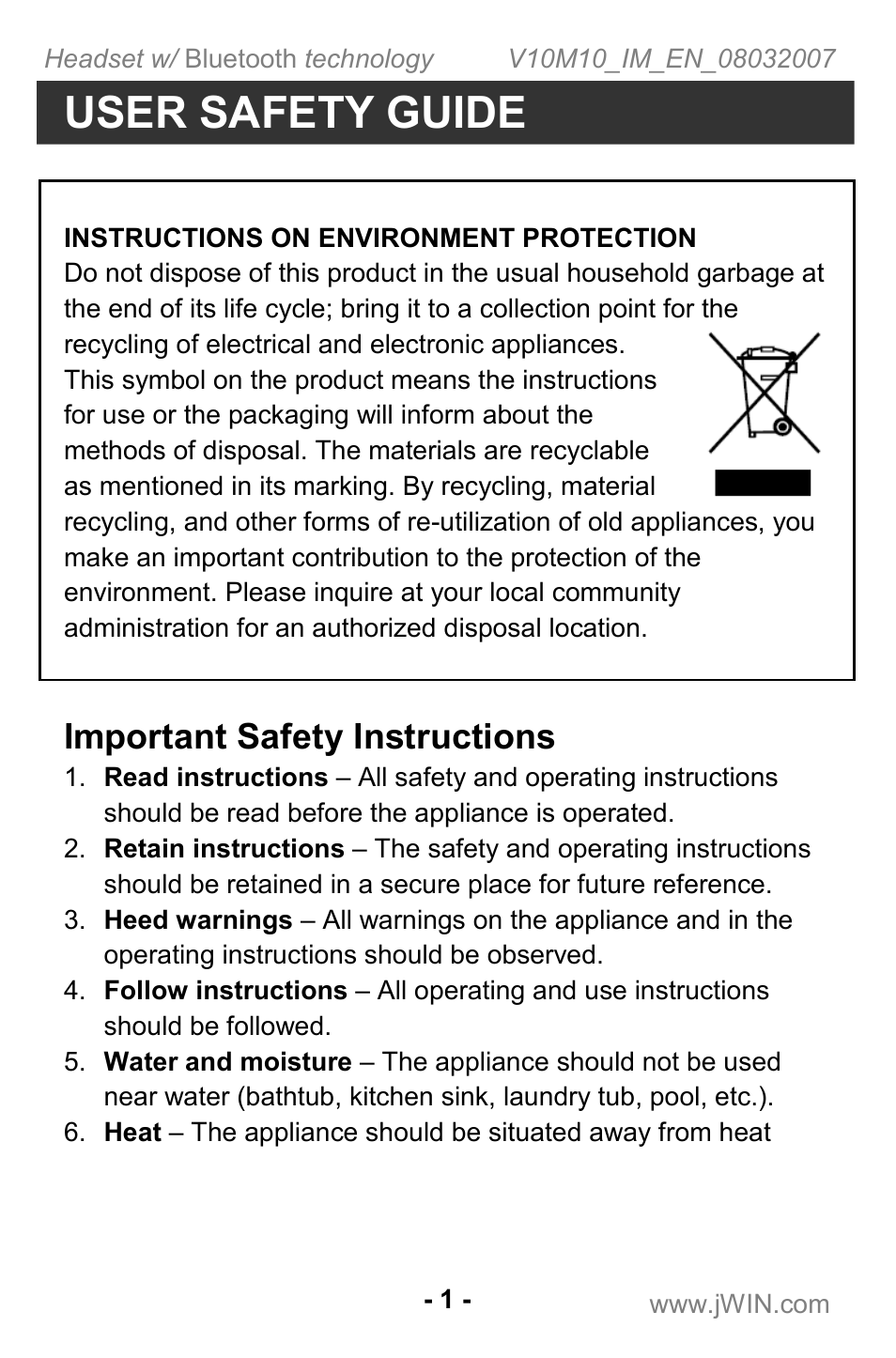 User safety guide, Important safety instructions | Jwin JB TH220 User Manual | Page 2 / 20