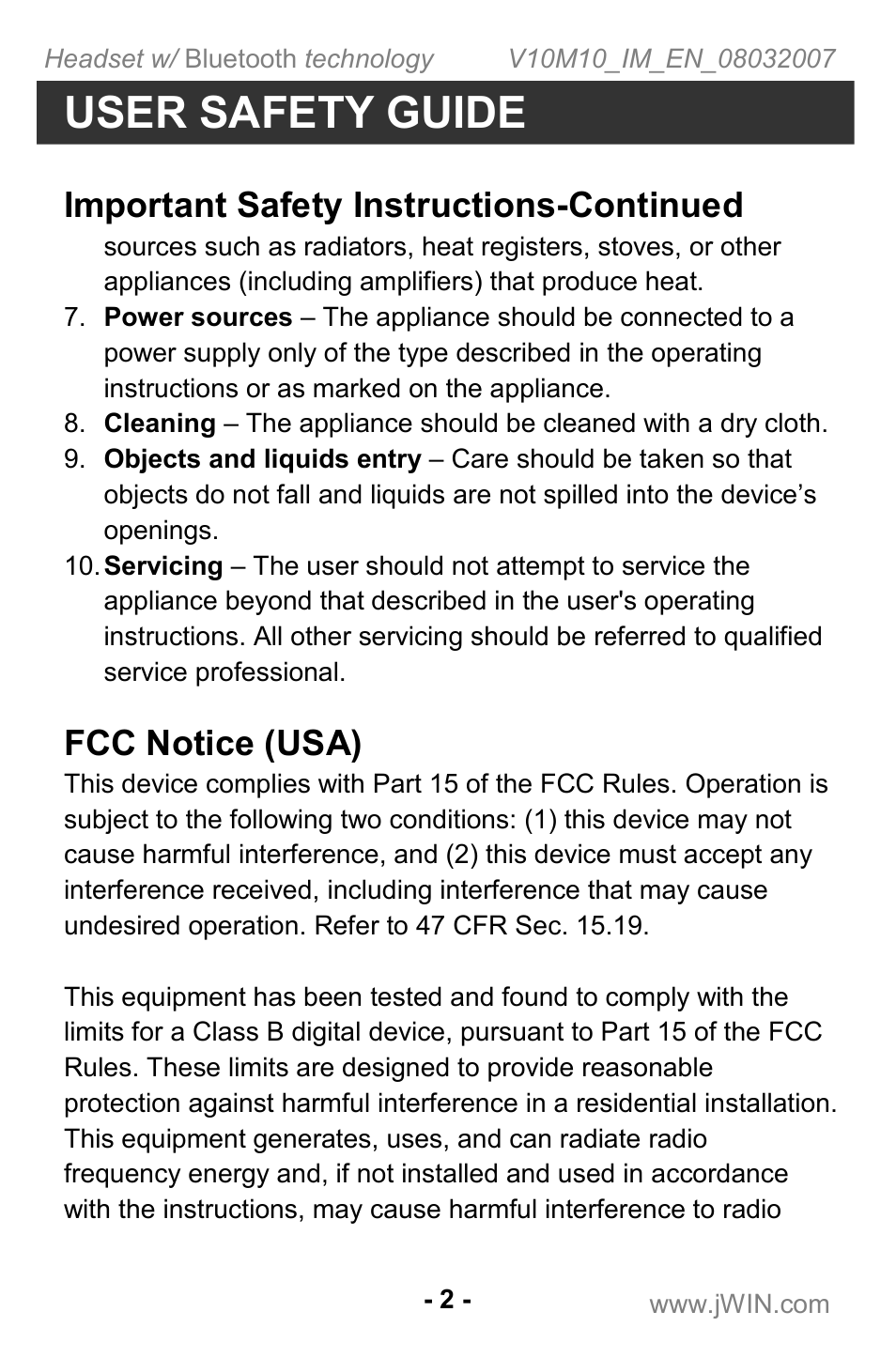 User safety guide, Important safety instructions-continued, Fcc notice (usa) | Jwin JB TH220 User Manual | Page 3 / 20