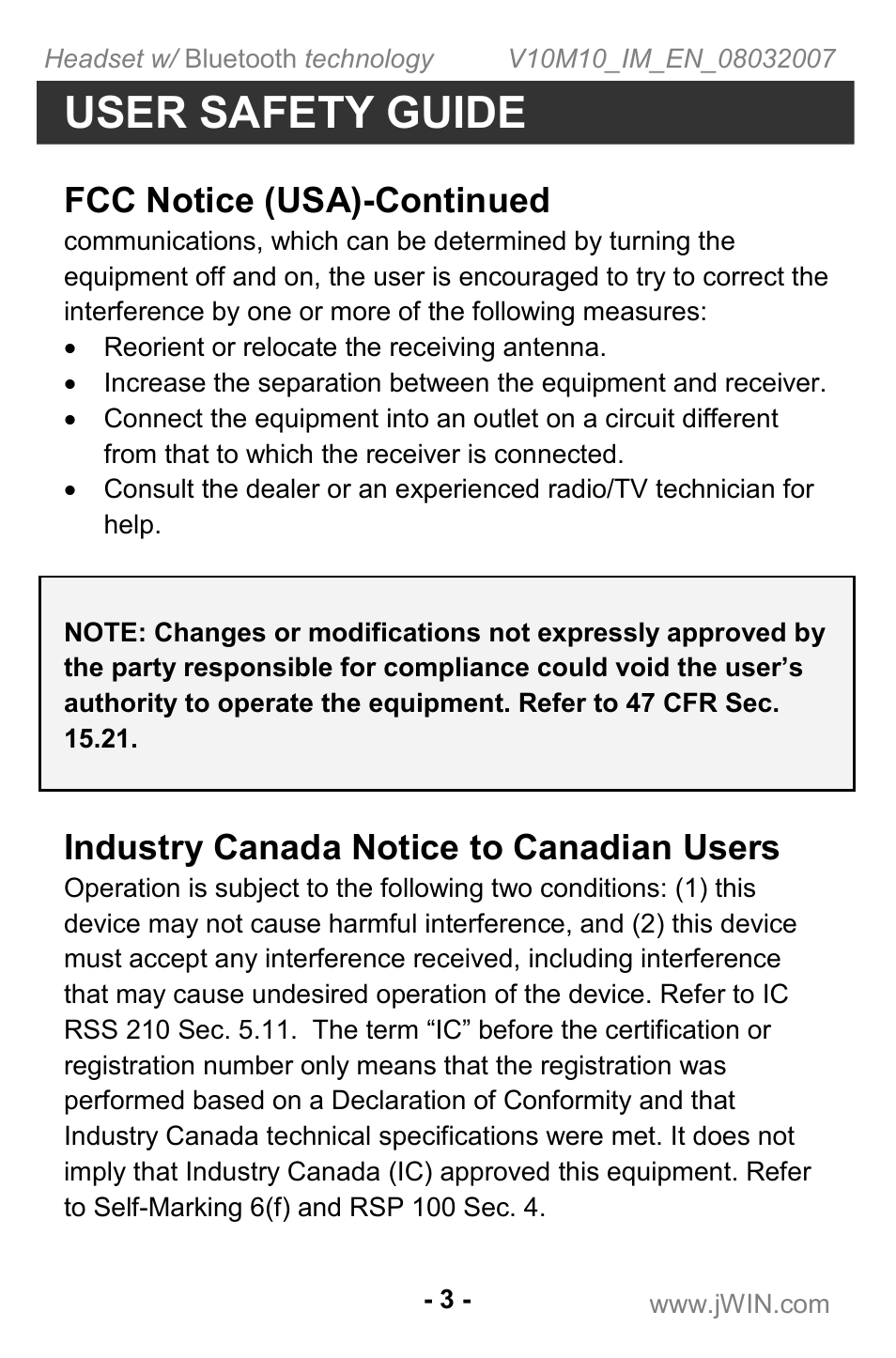 User safety guide, Fcc notice (usa)-continued, Industry canada notice to canadian users | Jwin JB TH220 User Manual | Page 4 / 20