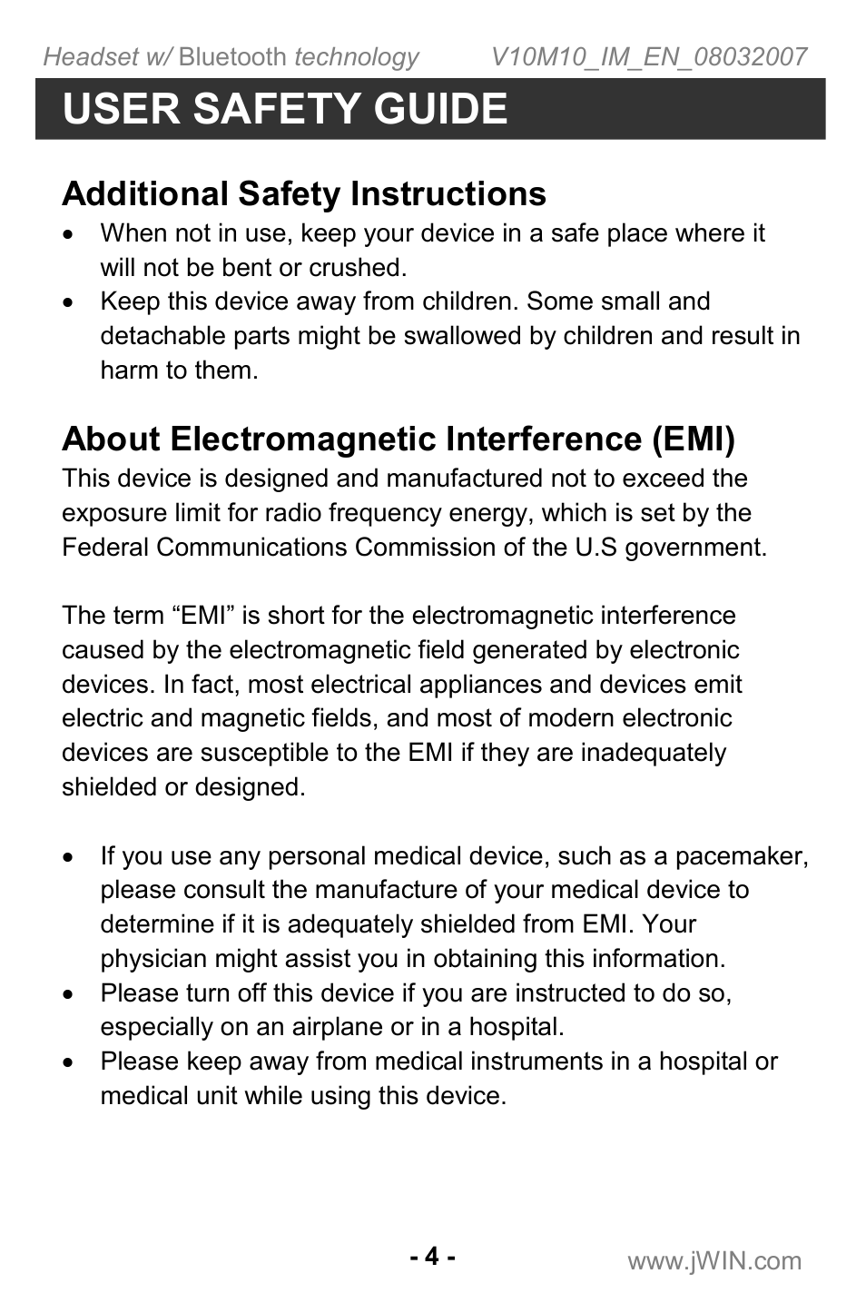 User safety guide, Additional safety instructions, About electromagnetic interference (emi) | Jwin JB TH220 User Manual | Page 5 / 20