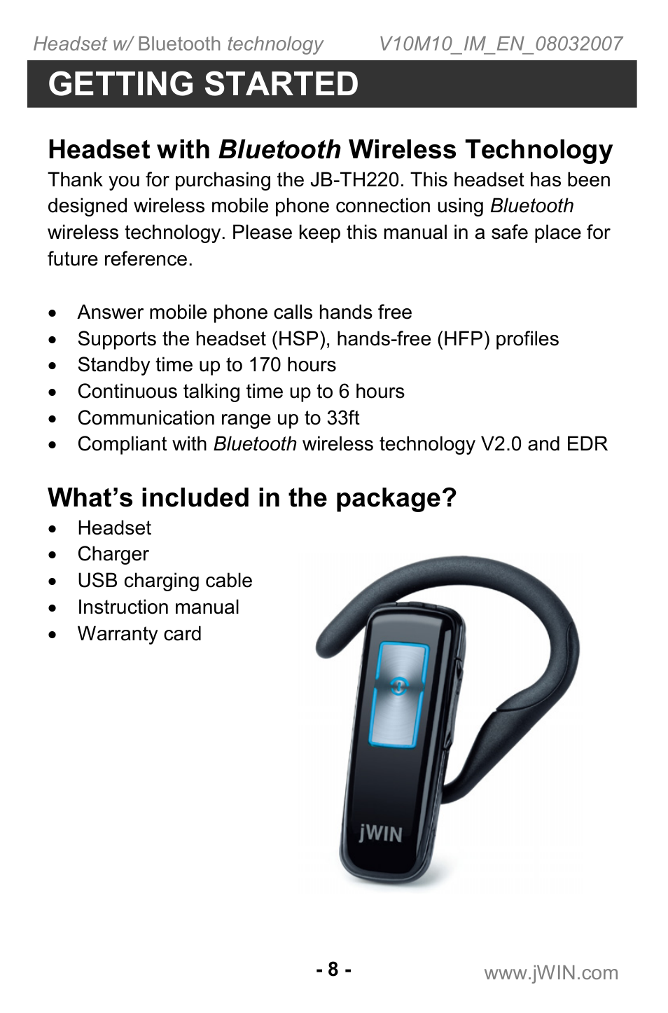 Getting started, Headset with bluetooth wireless technology, What’s included in the package | Jwin JB TH220 User Manual | Page 9 / 20