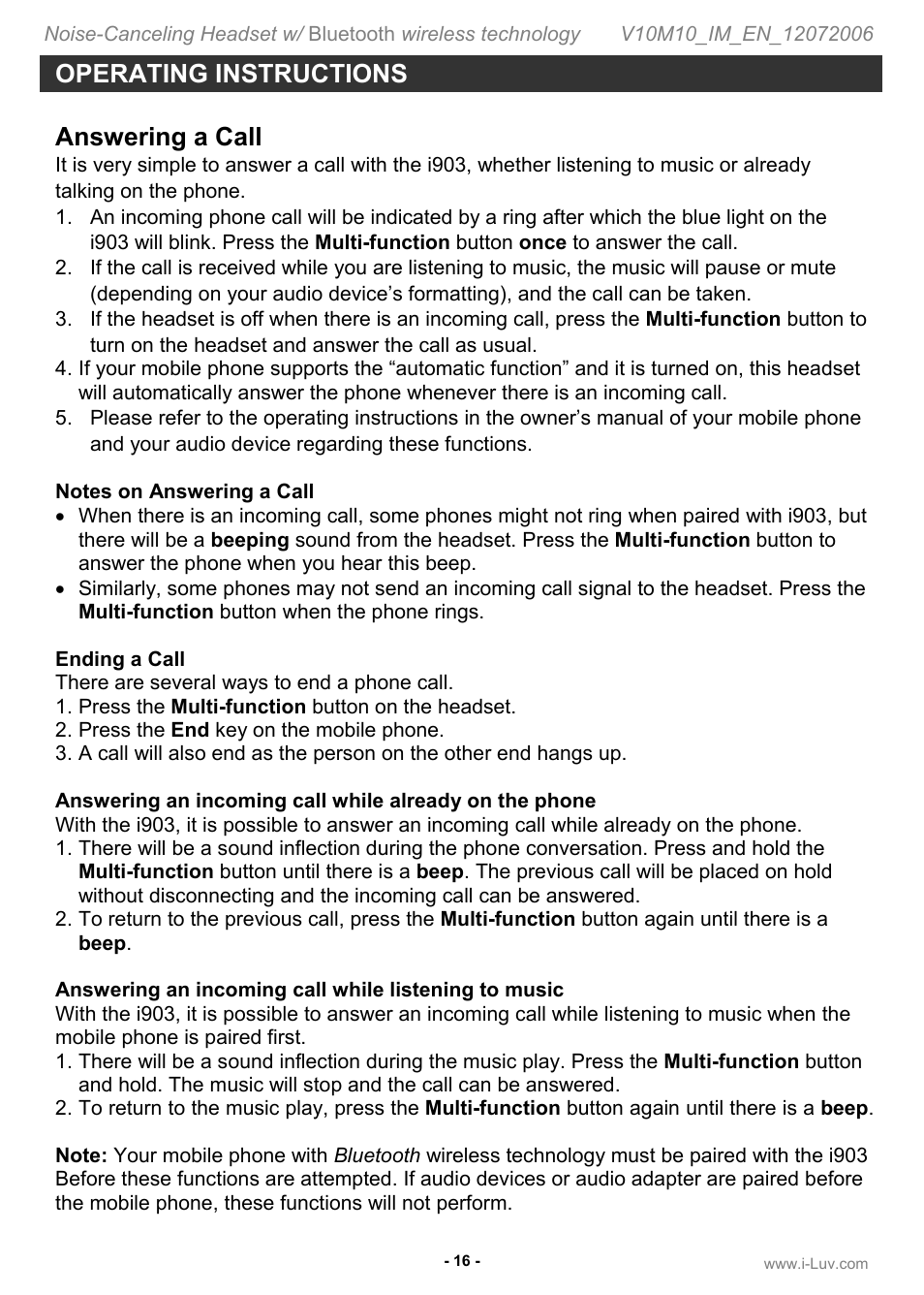 Operating instructions answering a call | Jwin ILuv i903 User Manual | Page 17 / 23