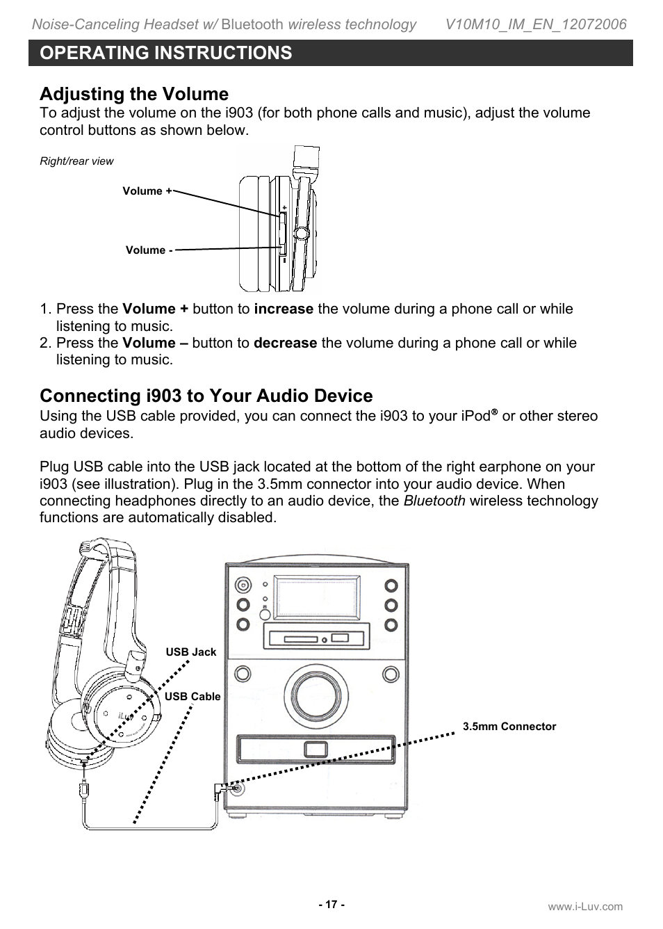 Operating instructions, Adjusting the volume, Connecting i903 to your audio device | Jwin ILuv i903 User Manual | Page 18 / 23