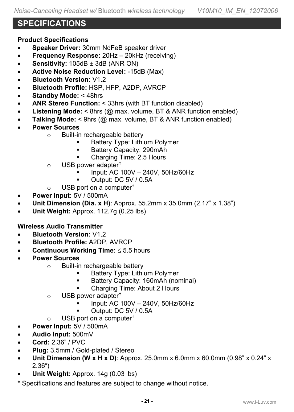 Specifications | Jwin ILuv i903 User Manual | Page 22 / 23