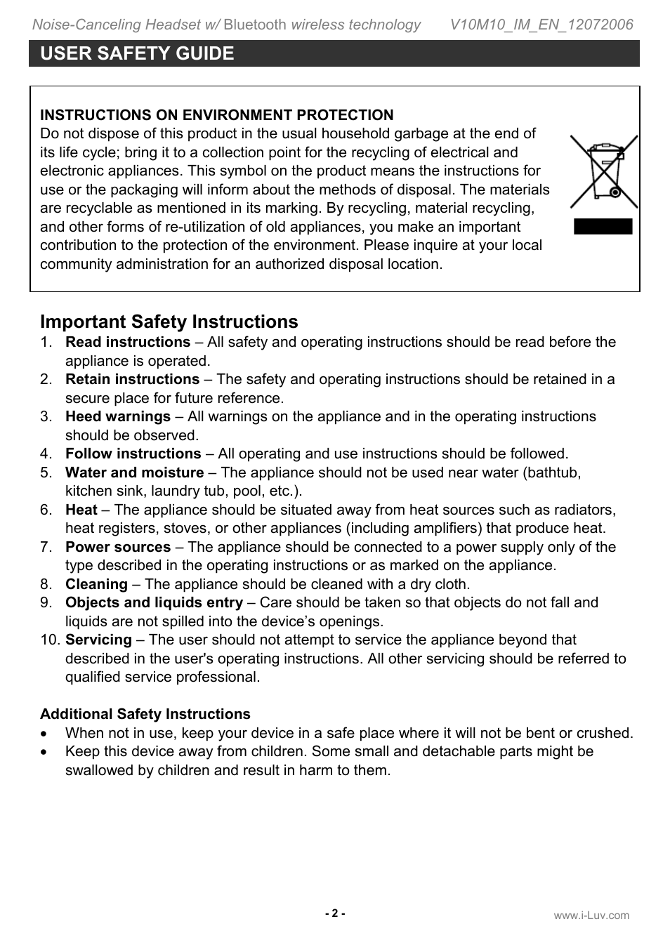 User safety guide, Important safety instructions | Jwin ILuv i903 User Manual | Page 3 / 23