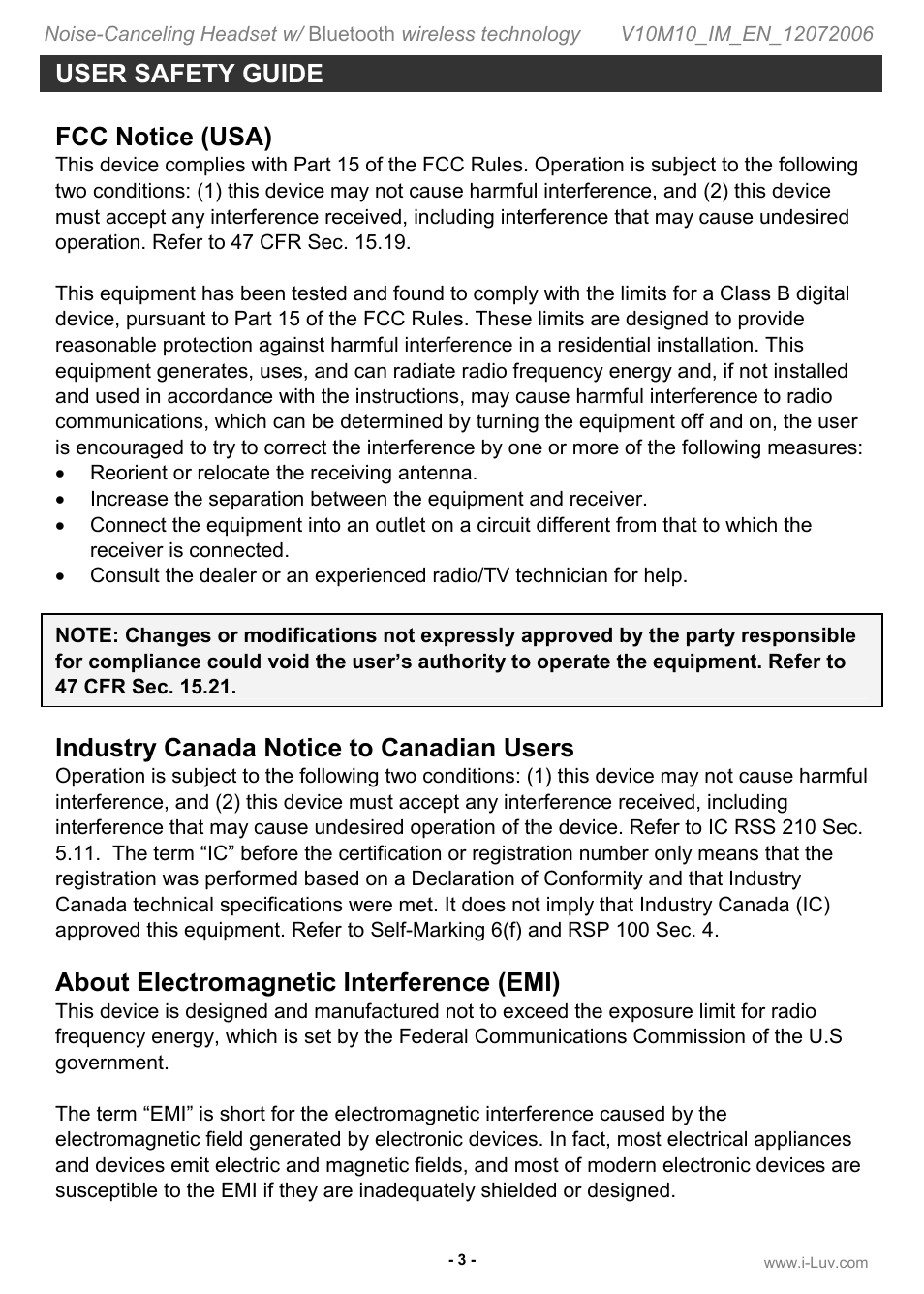 User safety guide fcc notice (usa), Industry canada notice to canadian users, About electromagnetic interference (emi) | Jwin ILuv i903 User Manual | Page 4 / 23