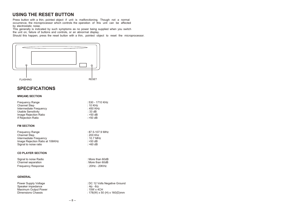 Т³гж 5, Using the reset button, Specifications | Jwin JC-CD260 User Manual | Page 5 / 5