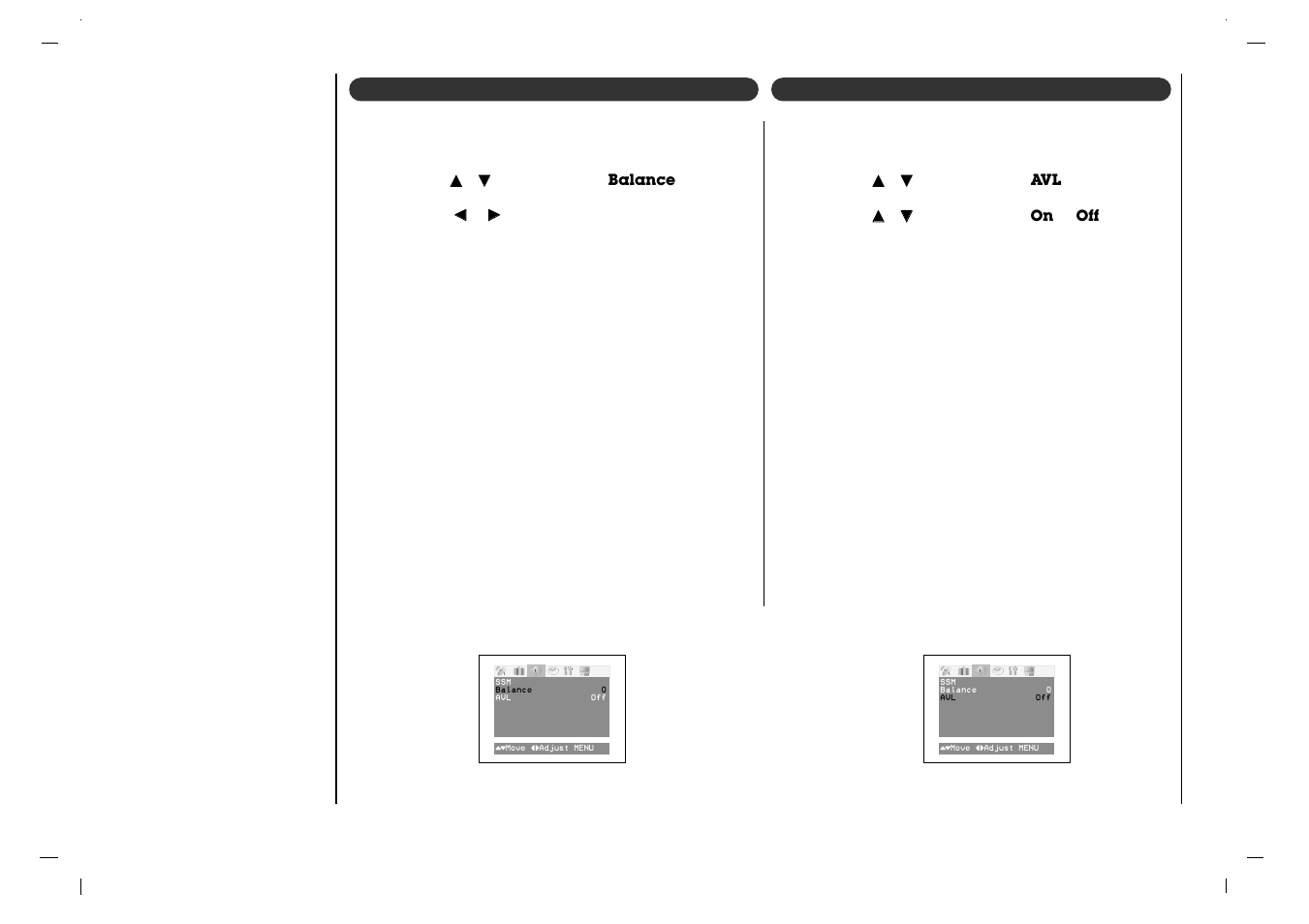 Sound menu, Avl (auto volume leveler) balance | Jwin JV-DTV17 User Manual | Page 22 / 96