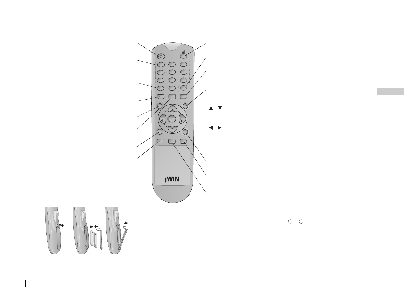 Localización y función de los controles, Mando a distancia, Instalación de las pilas | Jwin JV-DTV17 User Manual | Page 39 / 96