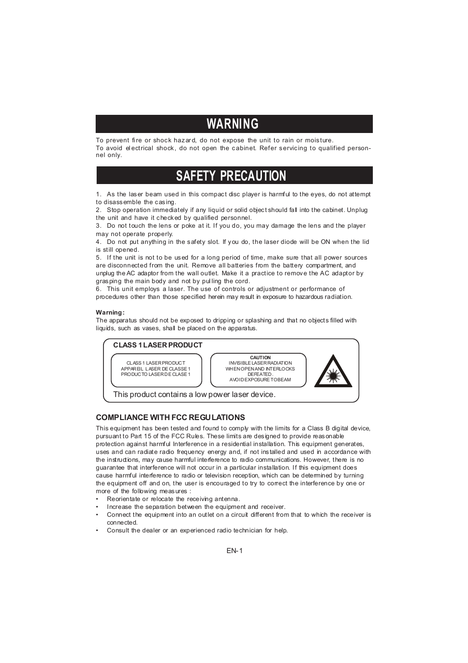 Safety precaution, Warning | Jwin JX-CD678 User Manual | Page 2 / 14