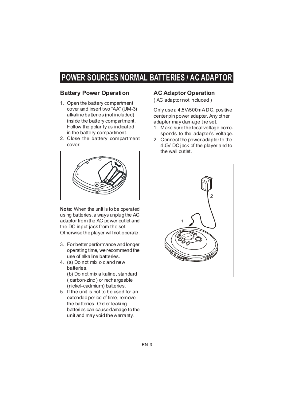 Power sources normal batteries / ac adaptor | Jwin JX-CD678 User Manual | Page 4 / 14
