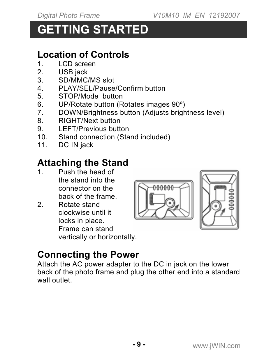 Getting started, Location of controls, Attaching the stand | Connecting the power | Jwin JP-127 User Manual | Page 10 / 16