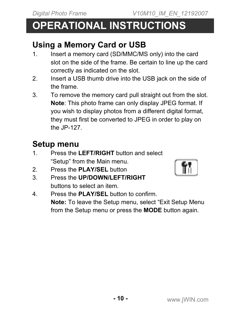 Operational instructions, Setup menu | Jwin JP-127 User Manual | Page 11 / 16