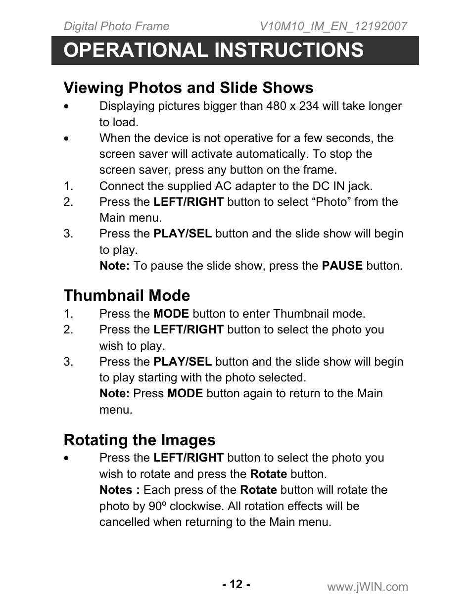 Operational instructions, Viewing photos and slide shows, Thumbnail mode | Rotating the images | Jwin JP-127 User Manual | Page 13 / 16