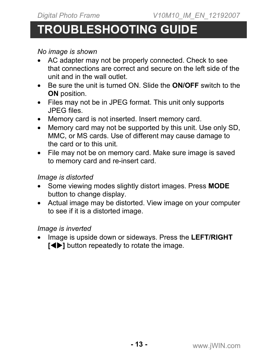 Troubleshooting guide | Jwin JP-127 User Manual | Page 14 / 16