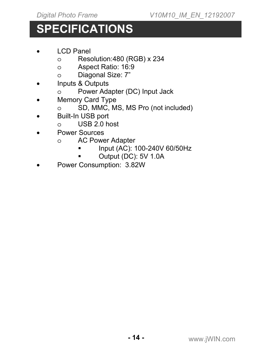 Specifications | Jwin JP-127 User Manual | Page 15 / 16