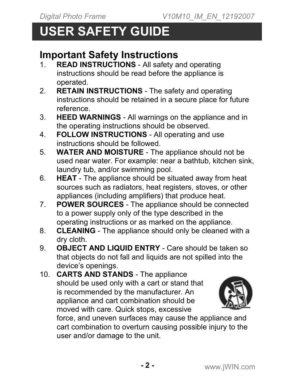 User safety guide, Important safety instructions | Jwin JP-127 User Manual | Page 3 / 16