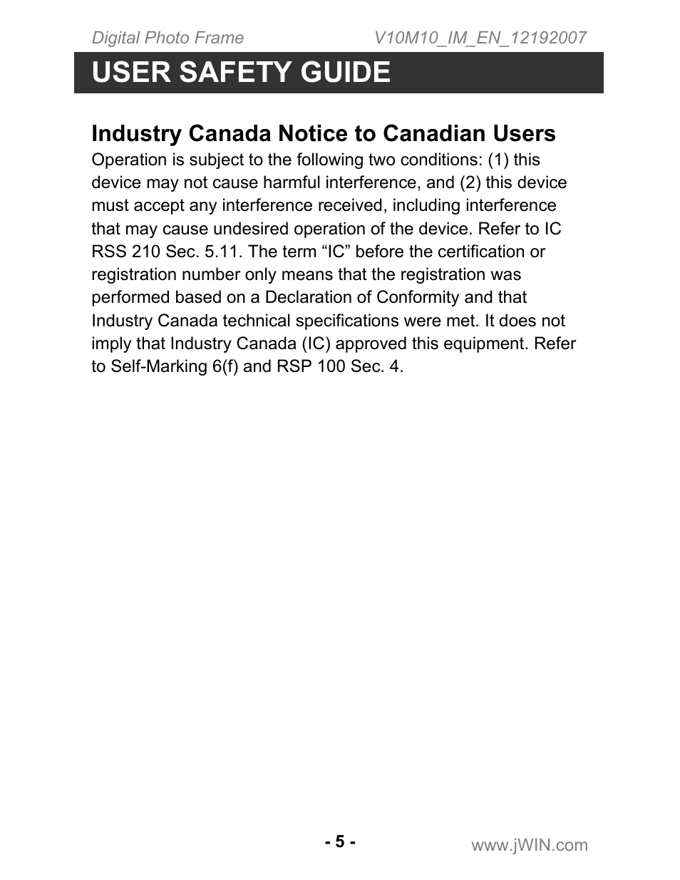 User safety guide, Industry canada notice to canadian users | Jwin JP-127 User Manual | Page 6 / 16