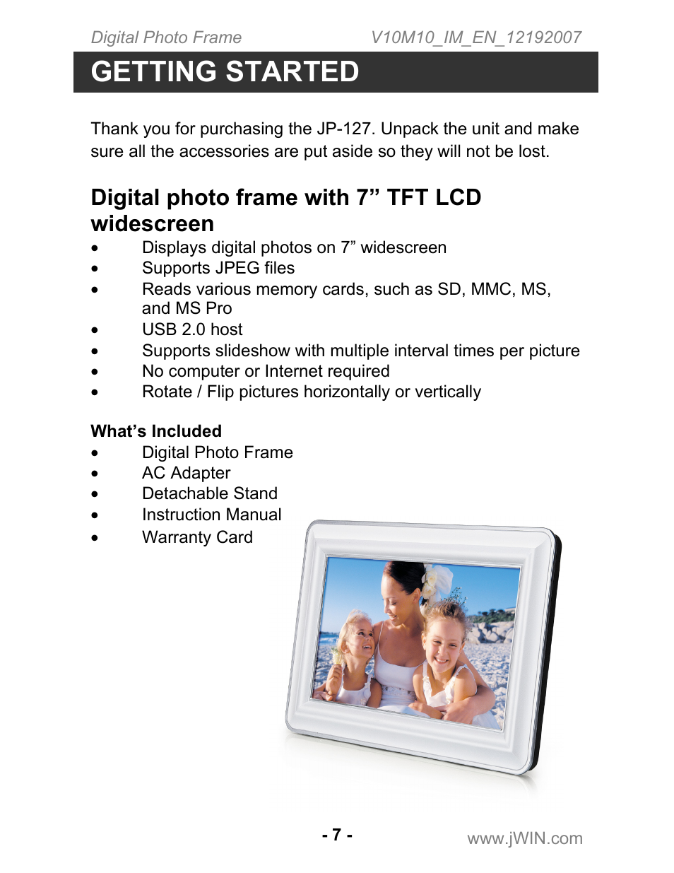 Getting started, Digital photo frame with 7” tft lcd widescreen | Jwin JP-127 User Manual | Page 8 / 16
